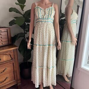 Vintage 70s Prairie Maxi Dress Cream Lace Ribbon Cottagecore